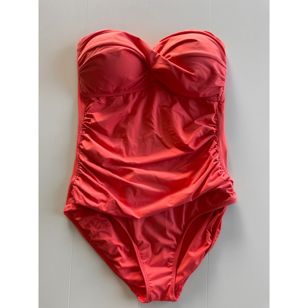 Anne Cole Coral Pink Ruched Bandeau One Piece Swimsuit Size 10